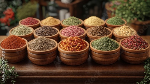 Wooden bowls filled with spices