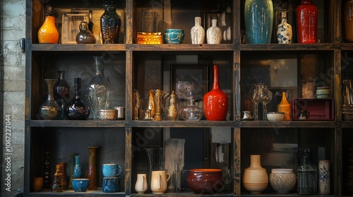 Wallpaper Mural Colorful vases on rustic wooden shelf Torontodigital.ca