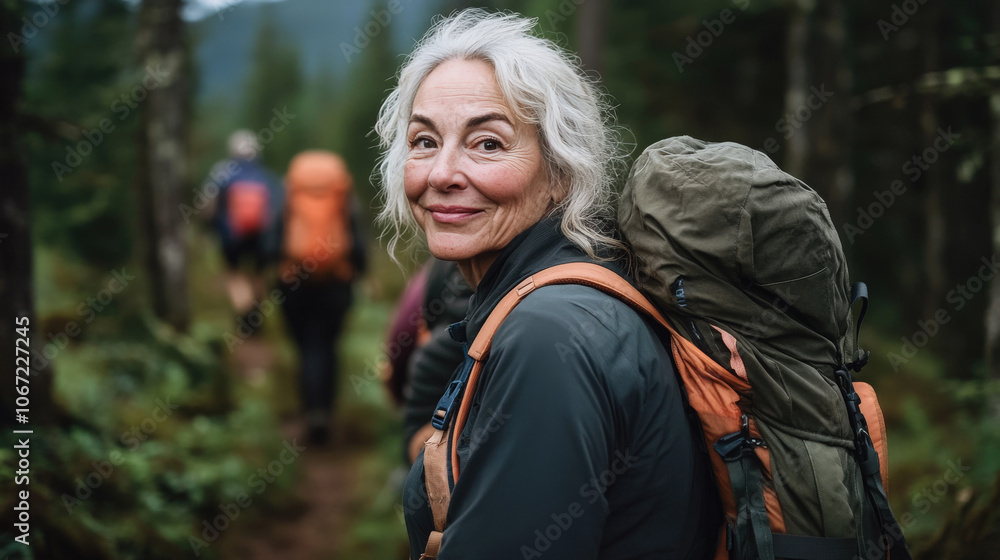 Smiling senior woman with backpack hiking in a forested trail alongside a group of fellow hikers, enjoying outdoor adventure and nature.
Smiling senior woman with backpack hiking in a forested trail alongside a group of fellow hikers, enjoying outdoor adventure and nature.