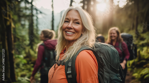 Smiling senior woman with backpack hiking in a forested trail alongside a group of fellow hikers, enjoying outdoor adventure and nature. 