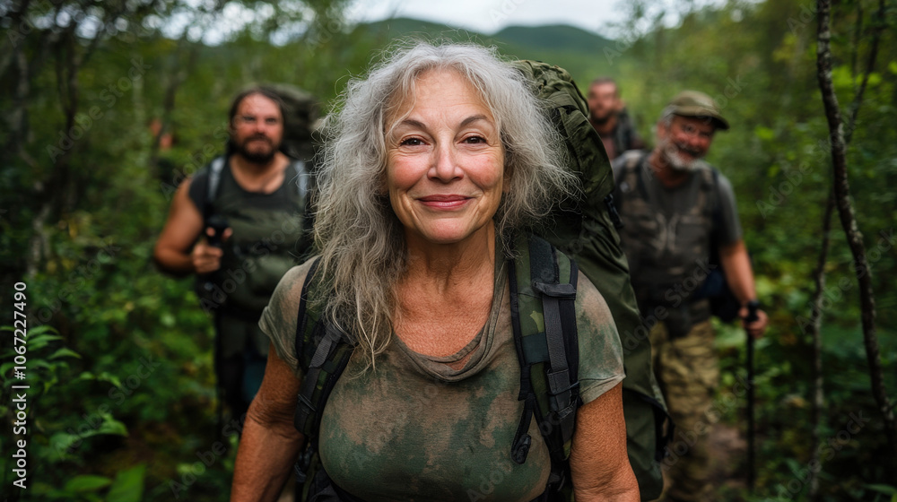 Fototapeta premium Smiling senior woman with backpack hiking in a forested trail alongside a group of fellow hikers, enjoying outdoor adventure and nature. 