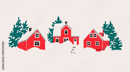 Set of three red Houses in snow and trees. Scandinavian style home. Hand drawn trendy Vector illustration. Isolated design elements. Building, sweet home, real estate, greeting card, winter concept