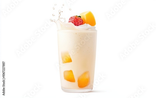 Refreshing smoothie topped with fresh fruit and splashes of cream, perfect for summer days or healthy snack inspiration.