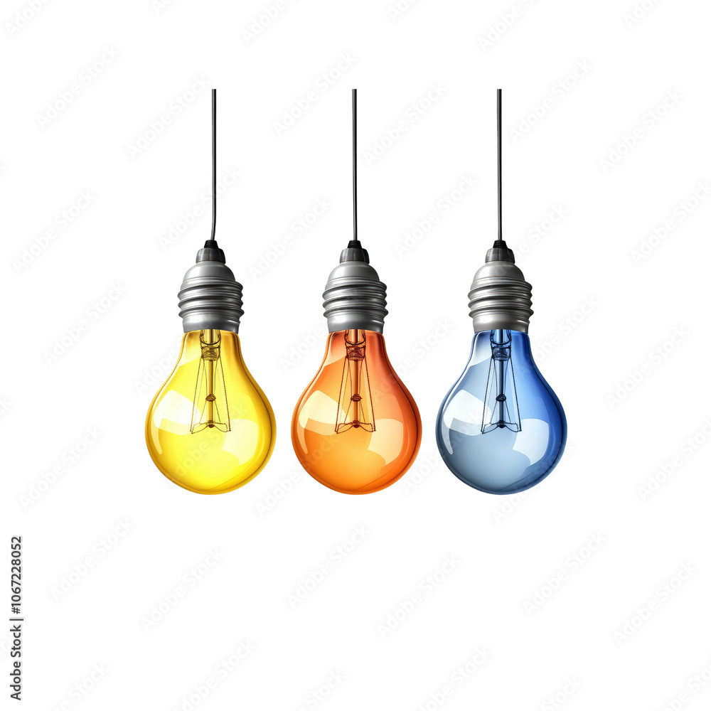 Three Hanging Light Bulbs in Yellow, Orange, and Blue Three Hanging Light Bulbs in Yellow, Orange, and Blue