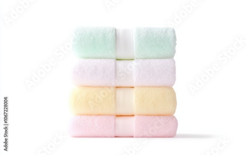 Colorful stack of soft, plush towels arranged neatly. Ideal for bathroom decor, spa settings, or home textiles showcasing comfort and cleanliness.