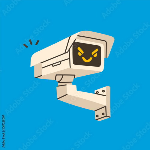 Outdoor Camera with evil face emotion. Hand drawn Vector illustration. Home security camera, CCTV, secure, safety, spy, monitoring, surveillance concept. Isolated design element