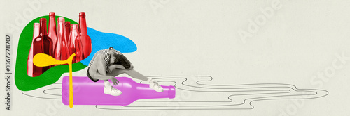 Contemporary art collage. Person leaning on oversized bottle with set of bottles in background, representing alcohol-related issues and addiction Concept of health, pharmacy, medicine, cold and flu.