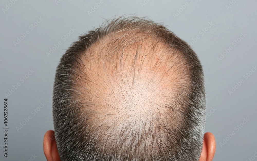 Obraz premium Rear view of a balding man showcasing male pattern baldness against a neutral background, emphasizing natural hair loss. Perfect for health topics.