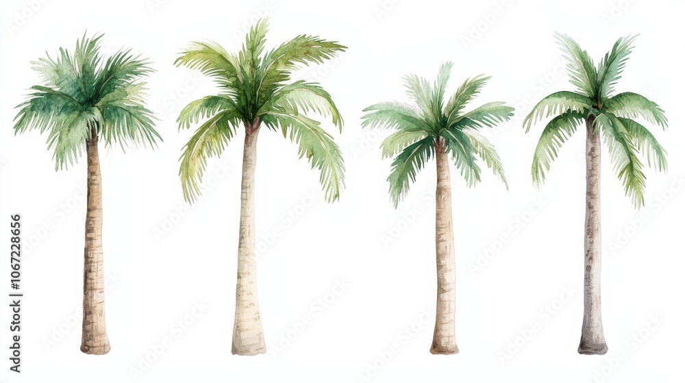 Set of four elegant watercolor palm trees, showcasing lush green leaves and textured trunks, perfect for tropical designs and nature-themed projects. Set of four elegant watercolor palm trees, showcasing lush green leaves and textured trunks, perfect for tropical designs and nature-themed projects.