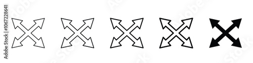 Set 5 full screen icons 1 unexpanded vector 1 silhouette,  black vector icons for full screen, featuring arrow marks, designed flat style for website, UI & mobile app scalability