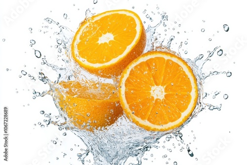 Fresh oranges splashing in water, showcasing vibrant colors and refreshing droplets, perfect for health, food, or beverage themes.