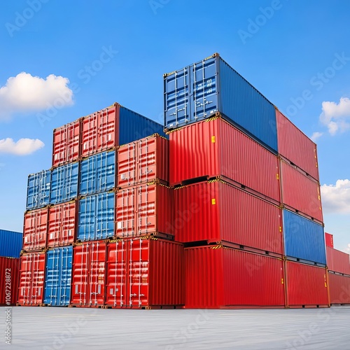 Freight containers stacked at port, ready for distribution, efficient setup