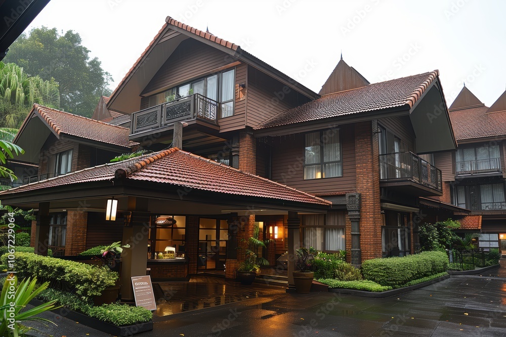 A serene and picturesque view of a rustic yet elegant multi-story villa surrounded by lush greenery, showcasing architectural design amidst a tranquil natural environment A serene and picturesque view of a rustic yet elegant multi-story villa surrounded by lush greenery, showcasing architectural design amidst a tranquil natural environment