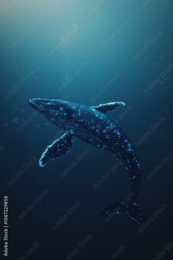 Fototapeta premium A stunning digital artwork of a whale swimming in the depths of the ocean, illuminated by a mesmerizing array of sparkling particles.