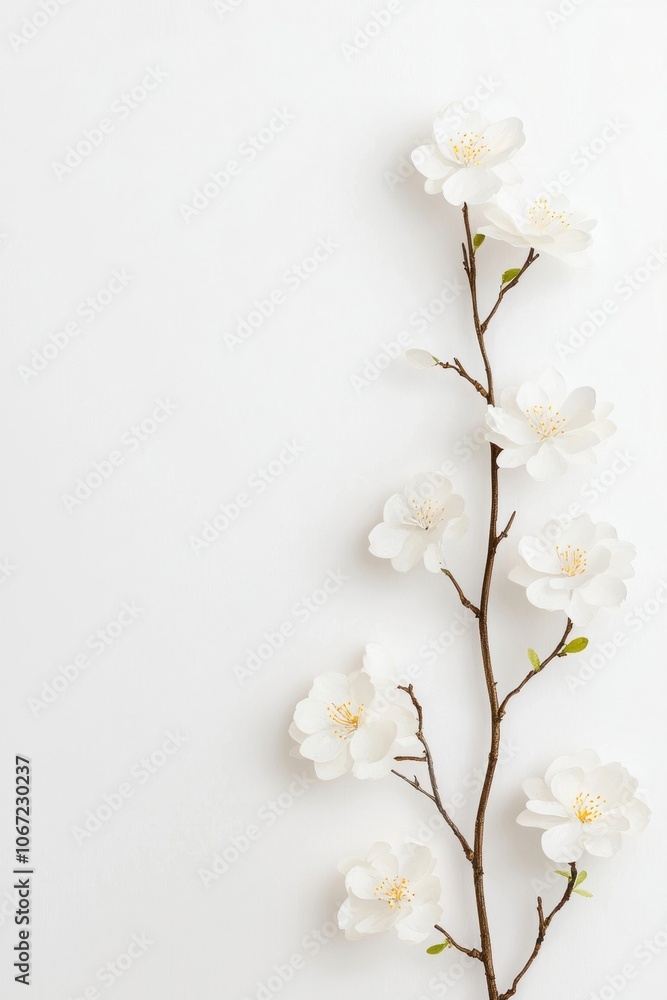 A delicate white flower branch against a minimalist background, perfect for conveying beauty, tranquility, and freshness in design. A delicate white flower branch against a minimalist background, perfect for conveying beauty, tranquility, and freshness in design.