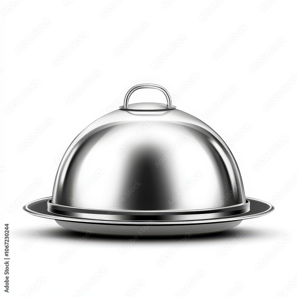 metallic cloche on a matching tray, used in fine dining to keep food warm. The reflective surface adds sophistication, making it elegant and relevant for high-end restaurant settings. metallic cloche on a matching tray, used in fine dining to keep food warm. The reflective surface adds sophistication, making it elegant and relevant for high-end restaurant settings.