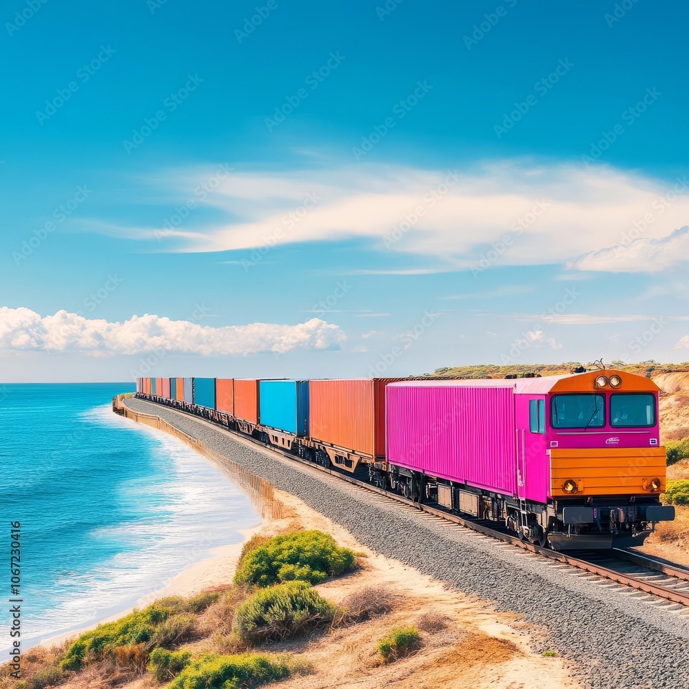 Fototapeta premium Freight train moving containers near ocean, multimodal connection, global network
