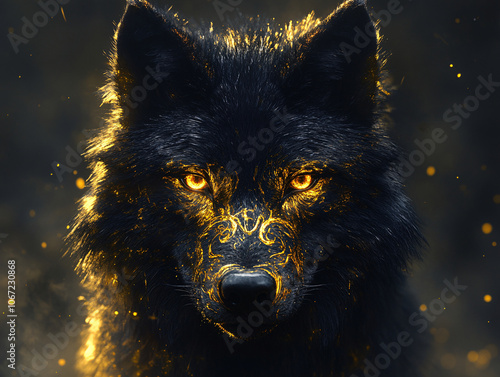 close-up of a black wolf's face, with its eyes glowing yellow and its fur shining gold.