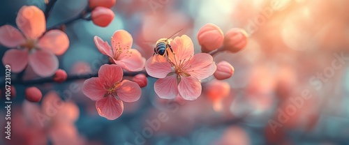 Bee Pollinating Pink Flowers in Springtime