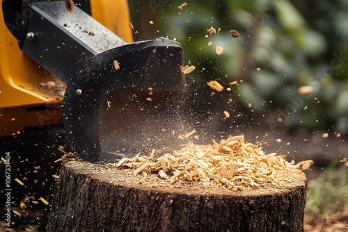 Stump grinder machine is grinding a tree stump in a garden, creating wood chips. Selective focus photo