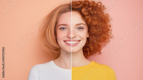 Woman with straight and curly ginger hair comparison. Hair styling concept