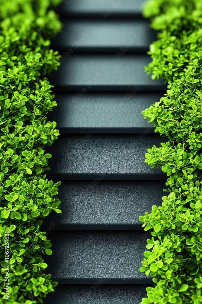 A close-up of lush green plants framing a dark staircase, creating a beautiful contrast between nature and architecture. A close-up of lush green plants framing a dark staircase, creating a beautiful contrast between nature and architecture.