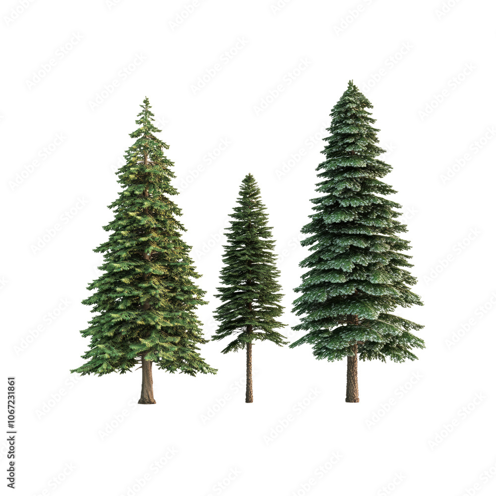 Fototapeta premium Three Tall Evergreen Trees Isolated on Transparent Background