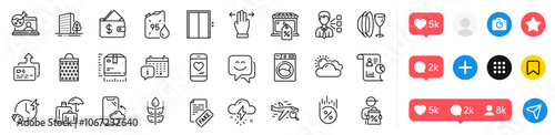 Smile face, Sunny weather and Third party line icons pack. Social media icons. Fake news, Gluten free, Package size web icon. Calendar, Buildings, Lift pictogram. Vector