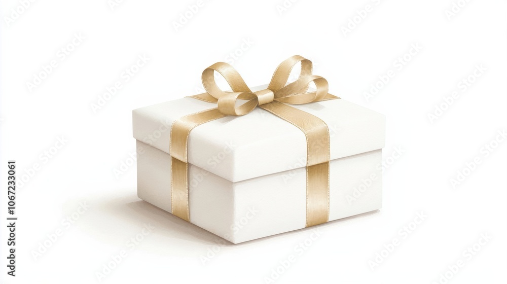 Obraz premium A beautifully wrapped white gift box with an elegant gold ribbon, perfect for any occasion like birthdays, weddings, or holidays.