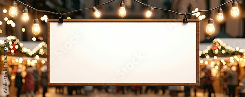 Blank sign hanging in a festive setting with decorative lights and blurred market background, ideal for promotional or seasonal messages.