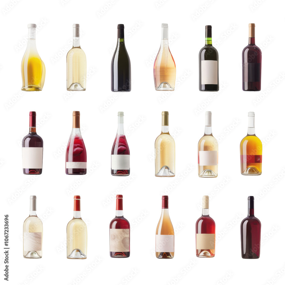 Wine bottles collection, white isolated background Wine bottles collection, white isolated background