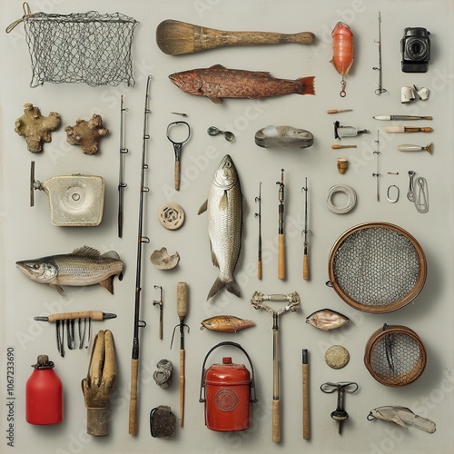 A collection of fishing tools, fish, and accessories arranged artistically on a flat surface, showcasing a passion for angling and aquatic life. photo