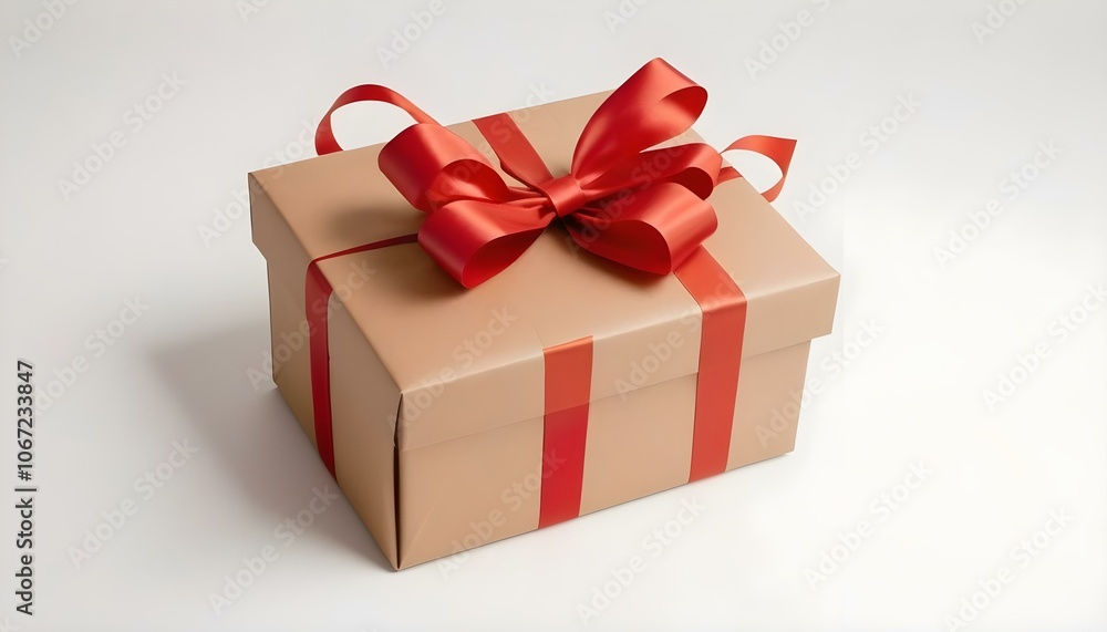 A brown gift box wrapped in kraft paper with a large red ribbon and bow, accompanied by a handwritten gift tag, on a plain white background, suggesting a personal touch. A brown gift box wrapped in kraft paper with a large red ribbon and bow, accompanied by a handwritten gift tag, on a plain white background, suggesting a personal touch.