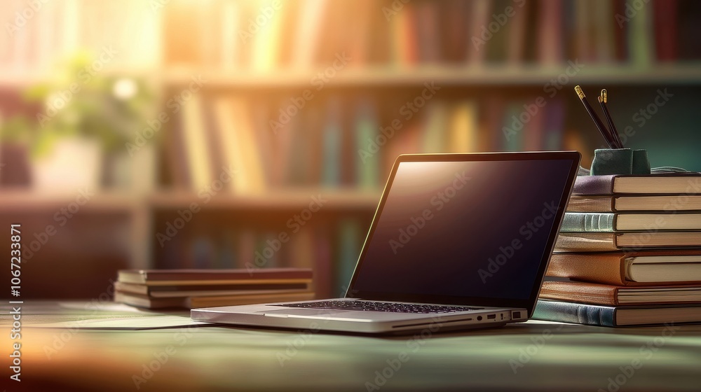 Laptop and books on table in library, online learning concept Laptop and books on table in library, online learning concept