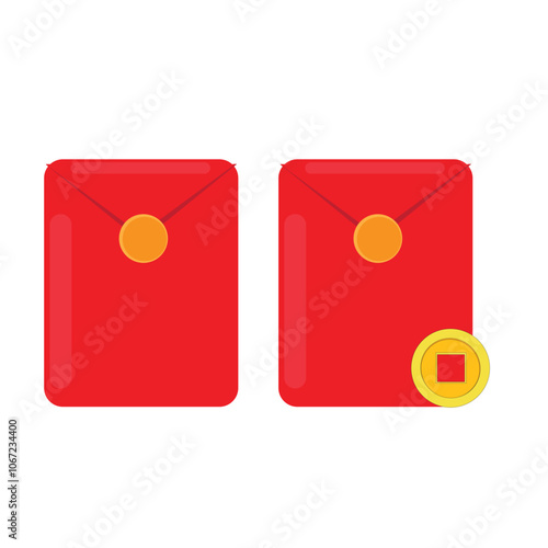 Flat design vector illustration two sealed chinese new year lucky money envelope and chinenese gold coin. Chinese new year ornament