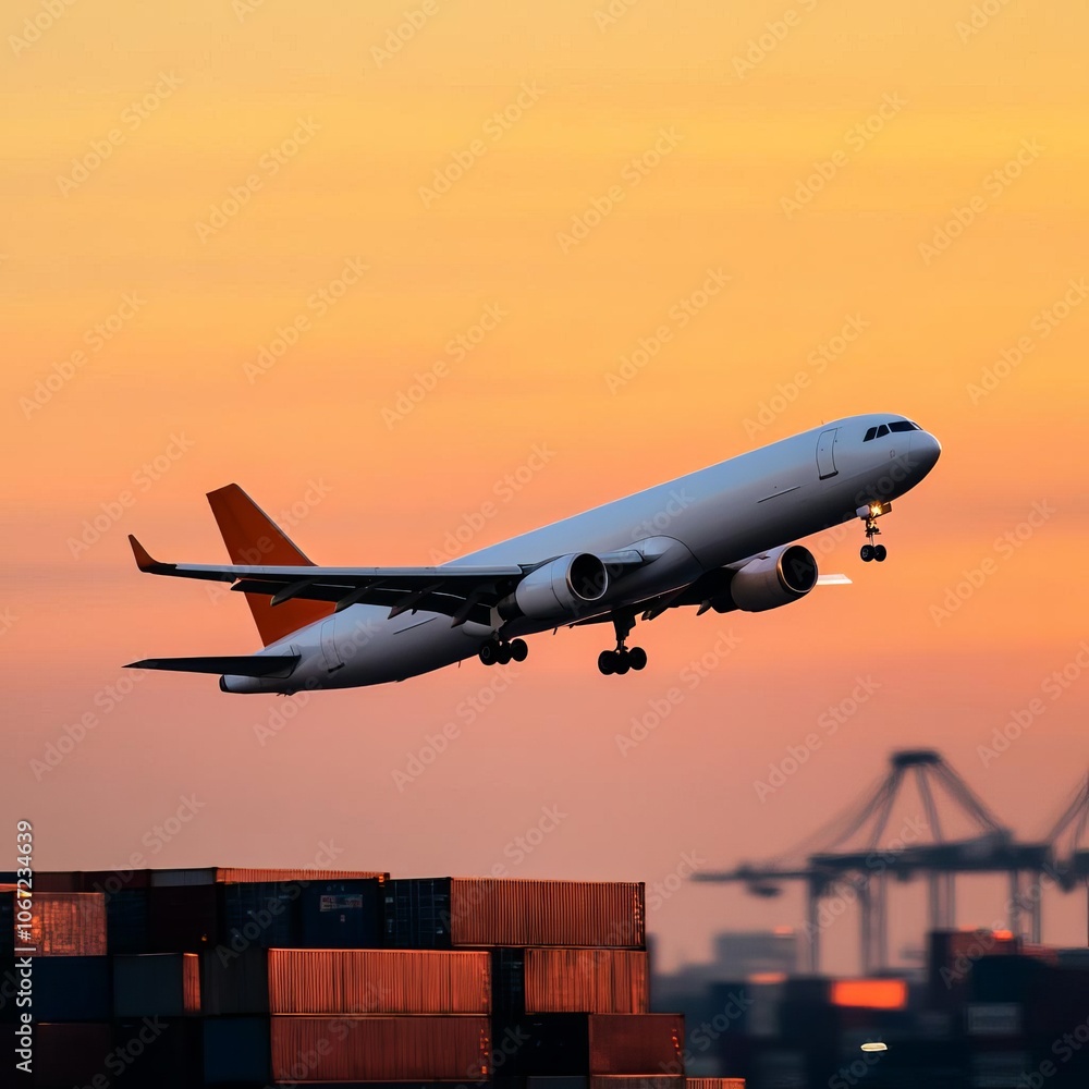 Plane taking off near shipping yard, multimodal connection, efficient logistics Plane taking off near shipping yard, multimodal connection, efficient logistics