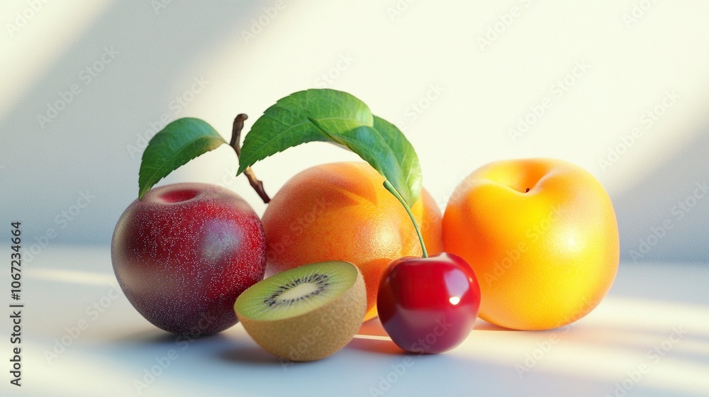 peach, plum, kiwi, cherry, no fine detail, minimalism, rounded shape, vivid color, soft lighting, white backgroud, 3d, cinema 4d, octane render, generative ai peach, plum, kiwi, cherry, no fine detail, minimalism, rounded shape, vivid color, soft lighting, white backgroud, 3d, cinema 4d, octane render, generative ai