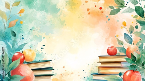 An artistic watercolor scene showcasing stacked books surrounded by colorful apples and lush foliage against a soft, blended background.