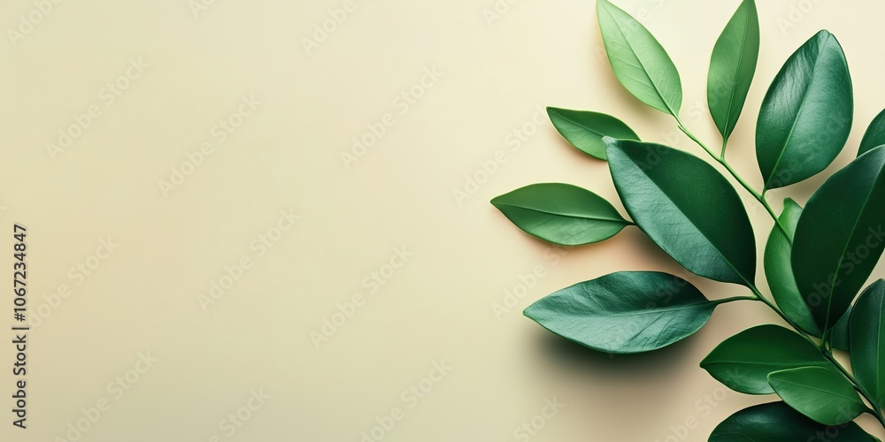 Green leaves branch against cream background with copy space. Natural minimalism concept Green leaves branch against cream background with copy space. Natural minimalism concept