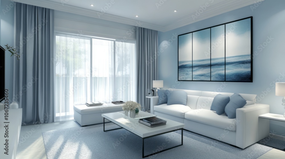 Fototapeta premium Modern Living Room Interior with Blue Accents and White Sofa