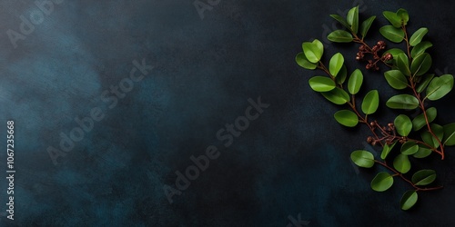 Green leaves branch against turquoise background. Natural minimalism concept photo