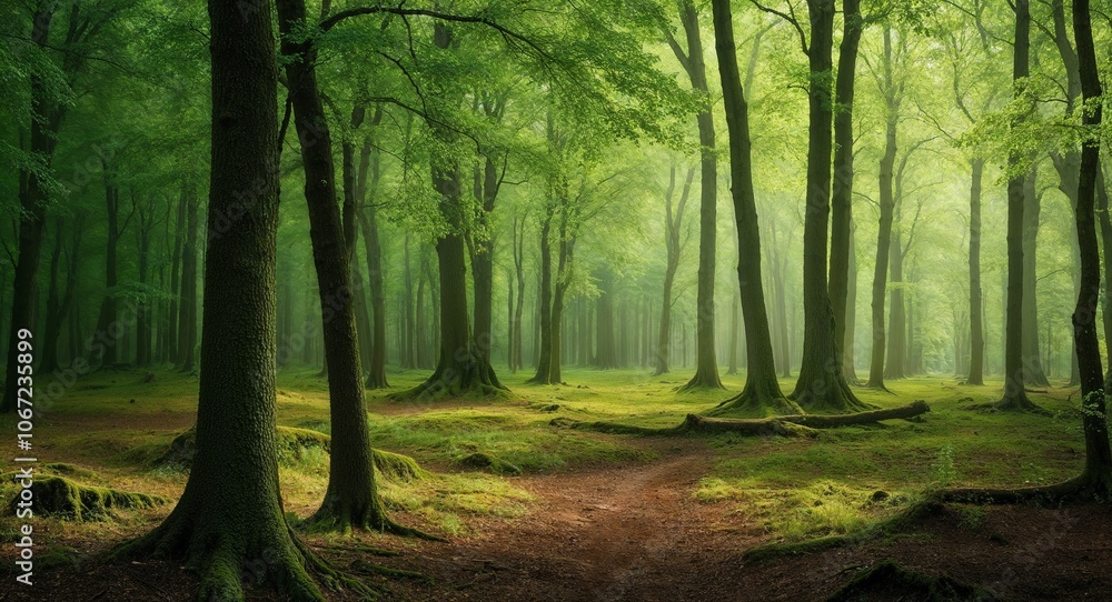 Fototapeta premium Woodland forest background with rich green hues for a natural touch