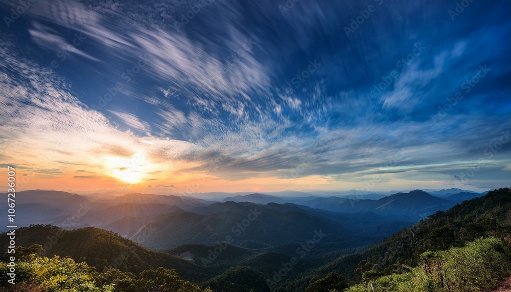 Waves of light in the mountain valley stretch into the sky Waves of light in the mountain valley stretch into the sky