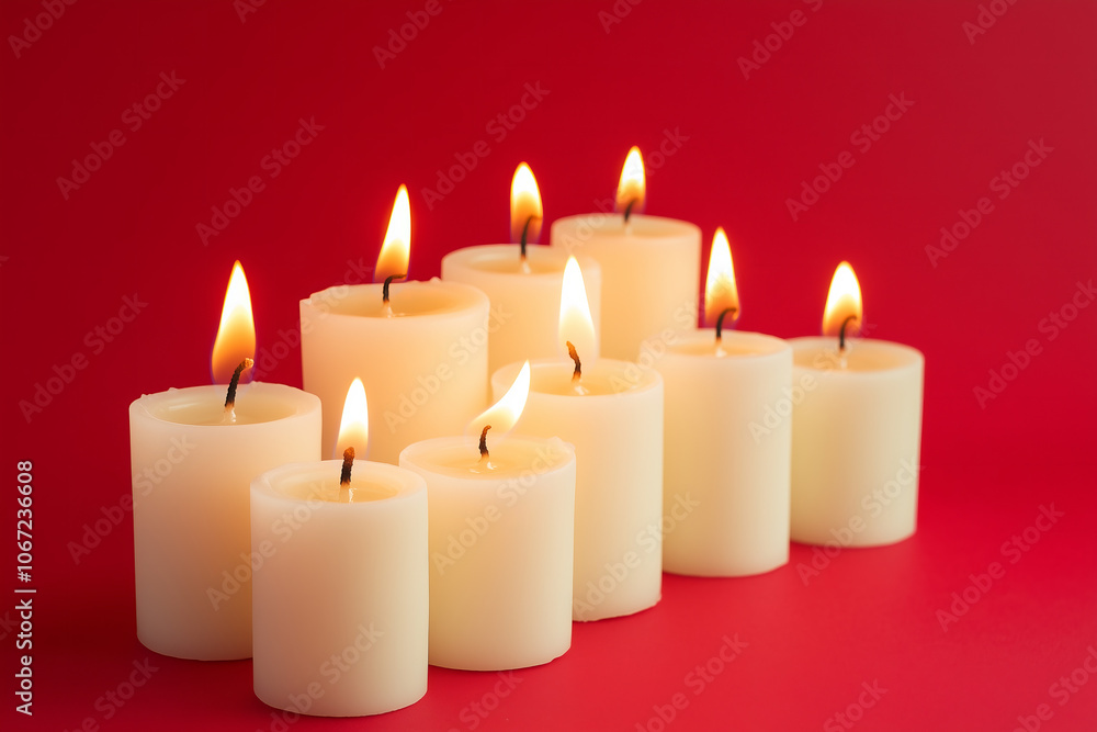 Burning glowing Christmas festive candles decorated on red background. Burning glowing Christmas festive candles decorated on red background.