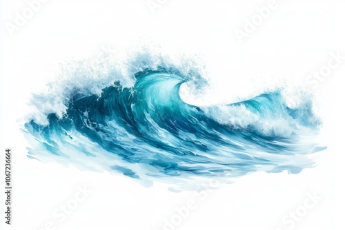 Photorealistic Ocean Waves on White Background. Simple Minimalist Design with Blue Water Colors.