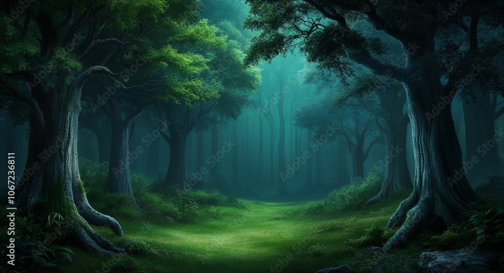 Obraz premium Dark forest background with lush trees for a mystical feeling