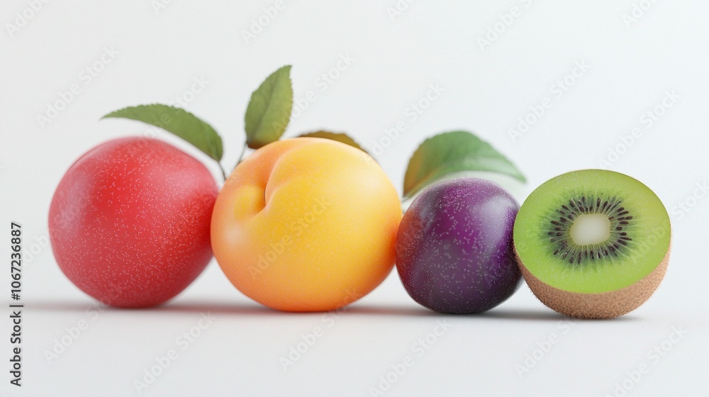peach, plum, kiwi, cherry, no fine detail, minimalism, rounded shape, vivid color, soft lighting, white backgroud, 3d, cinema 4d, octane render, generative ai peach, plum, kiwi, cherry, no fine detail, minimalism, rounded shape, vivid color, soft lighting, white backgroud, 3d, cinema 4d, octane render, generative ai