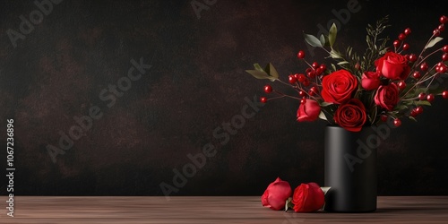 Fototapeta Naklejka Na Ścianę i Meble -  Red roses and berries in black vase against dark background with copy space. Valentine's Day design concept