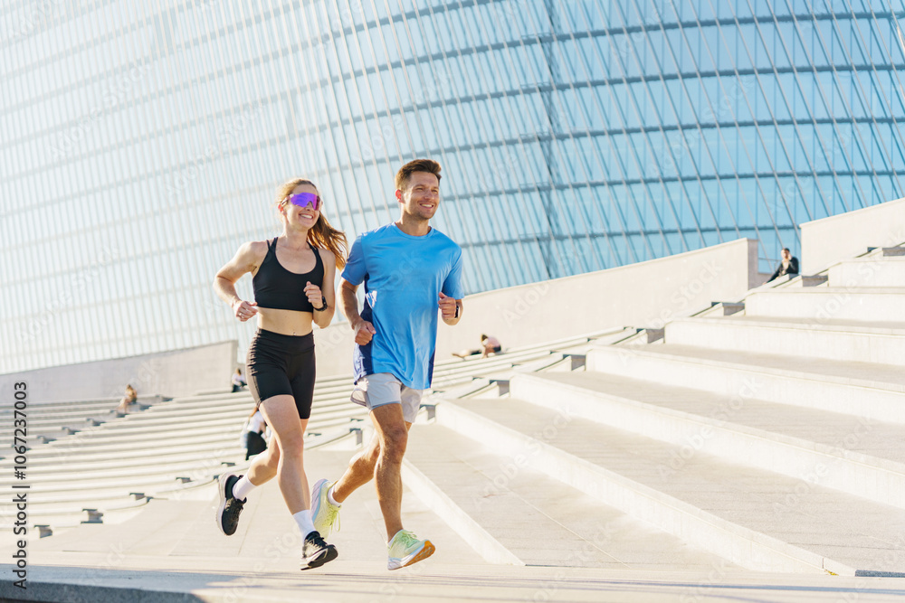 Fototapeta premium A Young Couple Jogging Together on Outdoor Steps in a Modern Urban Setting During Sunny Weather