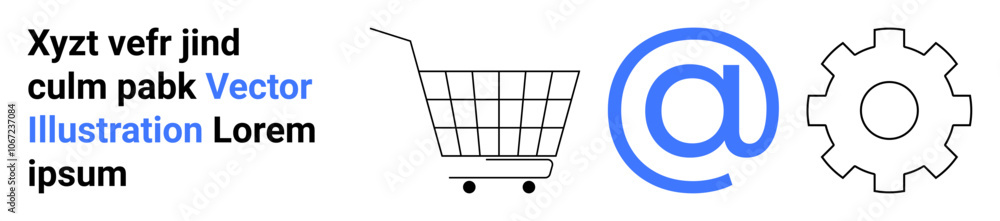 Shopping cart with wheels, email sign, and gearwheel symbol alignment. Ideal for e-commerce themes, technology, online communication, marketing, web development, user experience, and retail. Banner Shopping cart with wheels, email sign, and gearwheel symbol alignment. Ideal for e-commerce themes, technology, online communication, marketing, web development, user experience, and retail. Banner